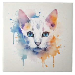 Azulejo De Cerâmica Gato Branco com Olhos Azuis - Aquarela