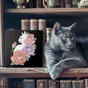 Azulejo De Cerâmica Gato Branco Floral Pastel Botânico Romântico Preto