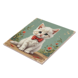Azulejo De Cerâmica Gato branco fofo e adorável com gravata borboleta