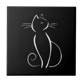 Azulejo De Cerâmica Gato Branco Minimalista A Preto