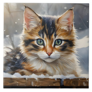 Azulejo De Cerâmica Gato Calico Adorável no Portrait da Neve