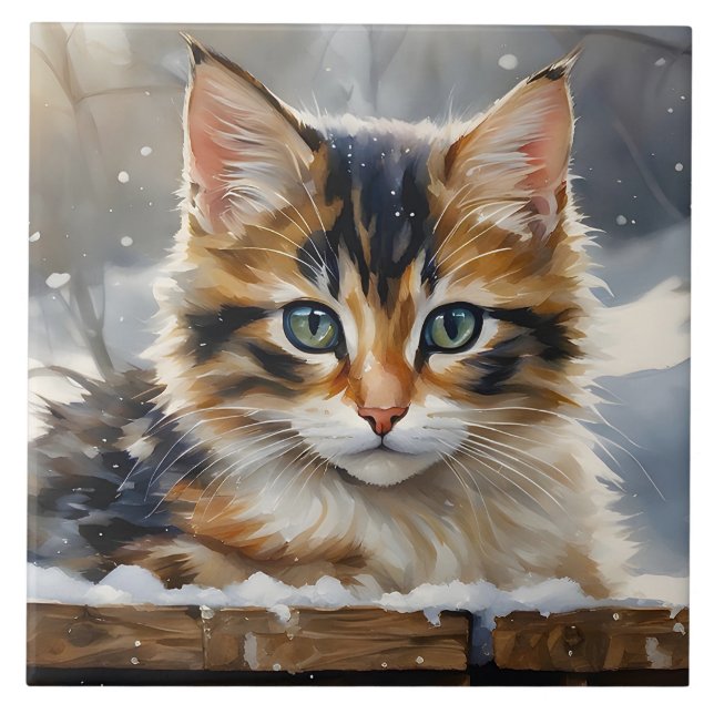 Azulejo De Cerâmica Gato Calico Adorável no Portrait da Neve (Frente)