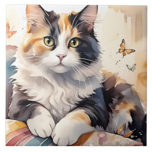 Azulejo De Cerâmica Gato Calico de Aquarela Caprichosa e Borboletas
