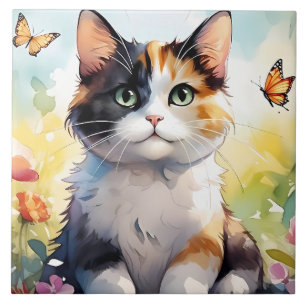 Azulejo De Cerâmica Gato Calico no Jardim de Primavera com Borboletas