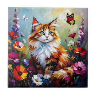 Azulejo De Cerâmica Gato Caprichoso Fofo, Flores e Borboletas
