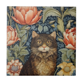 Azulejo De Cerâmica Gato castanho e flores de pénia art nouveau