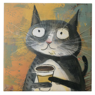 Azulejo De Cerâmica Gato Cinza com Café em Ocre