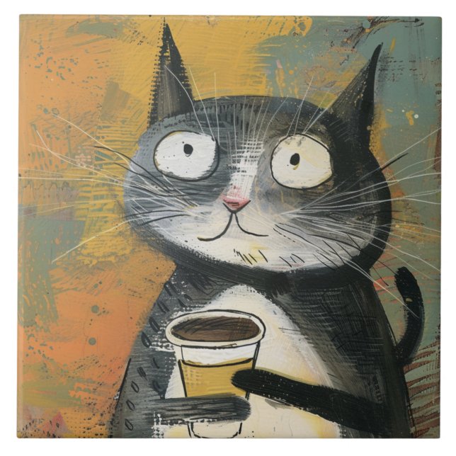 Azulejo De Cerâmica Gato Cinza com Café em Ocre (Frente)