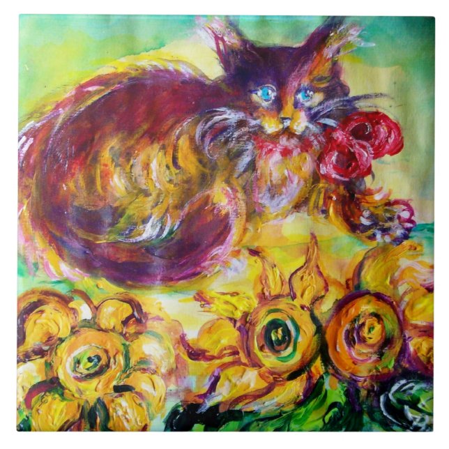 AZULEJO DE CERÂMICA  GATO COM BORRACHA VERMELHA E FLORES (Frente)