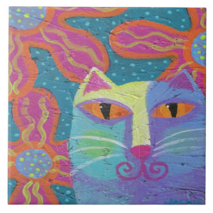 Azulejo De Cerâmica Gato com Flores Rosa Pintura Abstrata