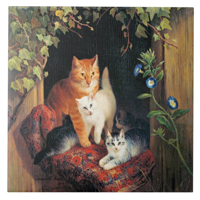 Azulejo De Cerâmica Gato com Kittens, pintura de arte. (Frente)