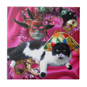 AZULEJO DE CERÂMICA GATO COM MÁSCARAS DE CHAPÉU E MASCARADA