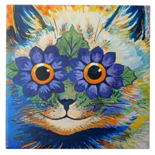Azulejo De Cerâmica “Gato Com Pétalas Azuis” por Louis Wain
