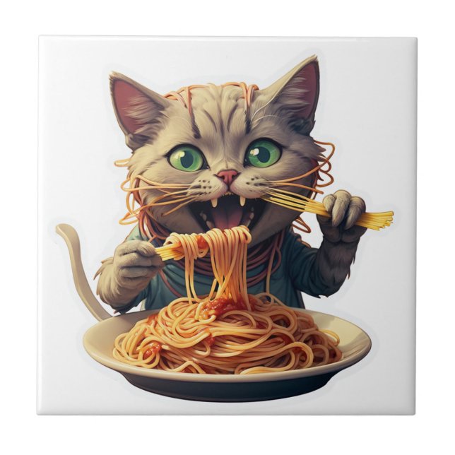 Azulejo De Cerâmica Gato Comendo Espaguete (Frente)