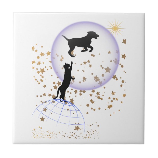 Azulejo De Cerâmica Gato curioso e cão correndo (Frente)