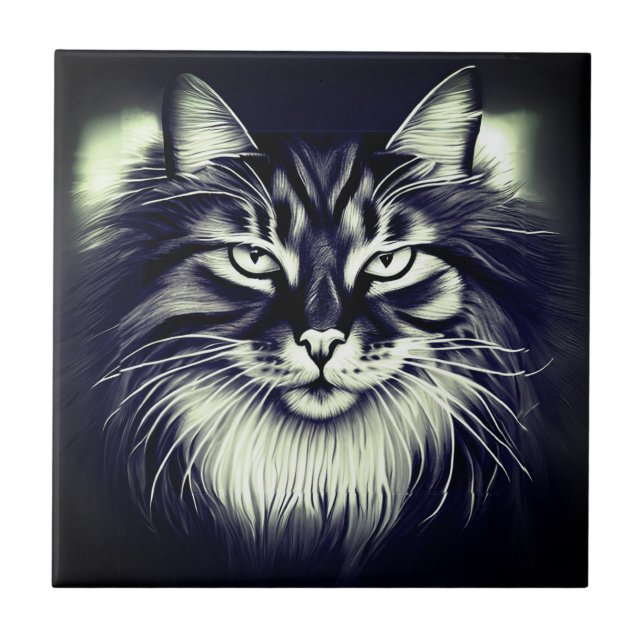 Azulejo De Cerâmica Gato da Floresta Norueguesa em Preto e Branco (Frente)