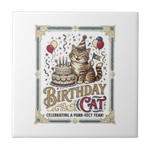 Azulejo De Cerâmica Gato de Aniversário Idade Vintage Arte Vetorial S