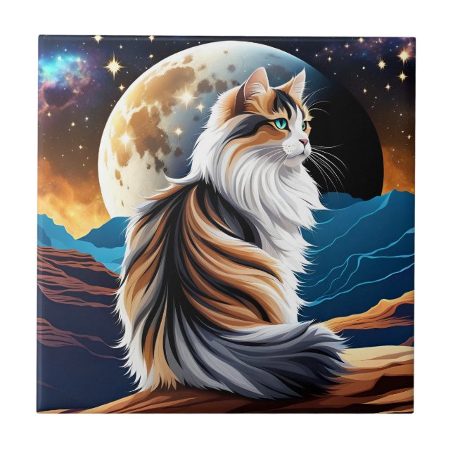 Azulejo De Cerâmica Gato de Calico diluído e Lua do Deserto (Frente)