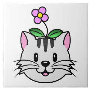 Azulejo De Cerâmica Gato de Cartoon Bonito com Flor na Cabeça