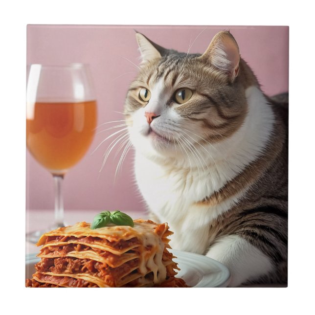 Azulejo De Cerâmica Gato de Cinza cômoda com Lasagna e Vidro (Frente)