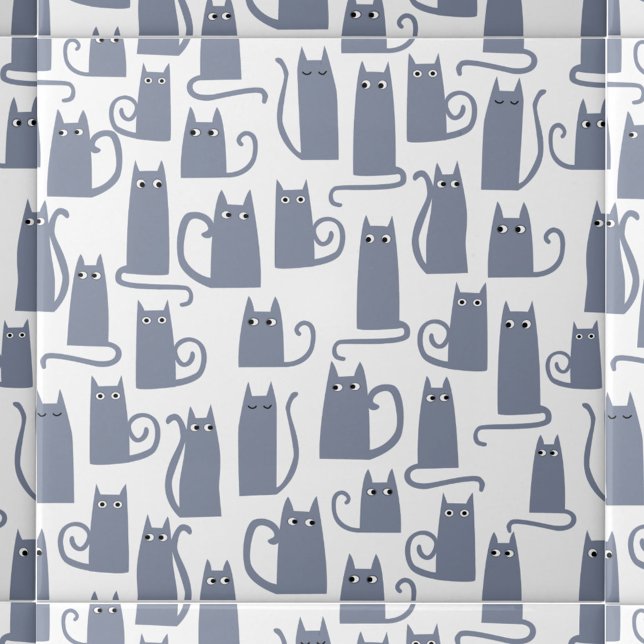 Azulejo De Cerâmica Gato de Cinza Divertido (Blue Gray Cat pattern ceramic tile for animal lovers)