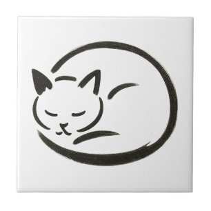Azulejo De Cerâmica Gato de dormir minimalista - Design de pincel de t