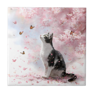Azulejo De Cerâmica Gato de Flor de Cerejeira e Borboletas (1)