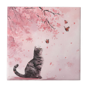 Azulejo De Cerâmica Gato de Flor de Cerejeira e Borboletas (12)