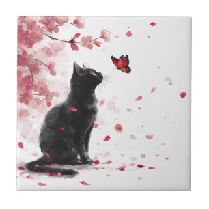 Azulejo De Cerâmica Gato de Flor de Cerejeira e Borboletas (14)