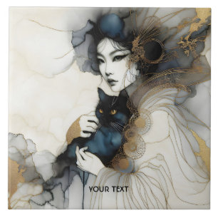 Azulejo De Cerâmica Gato de Garota Japonesa Fantasy