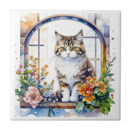 Azulejo De Cerâmica Gato de Gatinho na Janela das Flores
