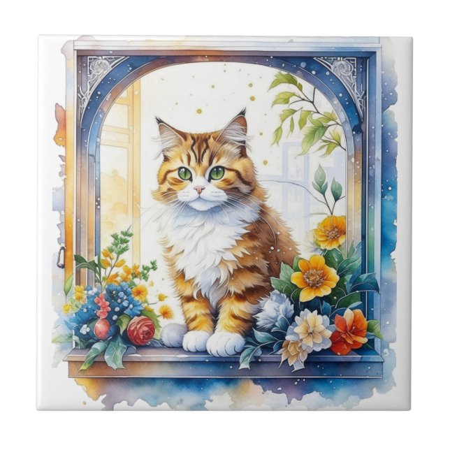 Azulejo De Cerâmica Gato de Gatinho na Janela das Flores (Frente)