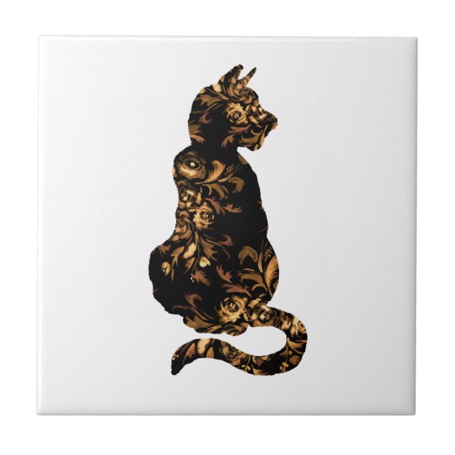 Azulejo De Cerâmica Gato de Gatinho Preto e Ouro (Frente)