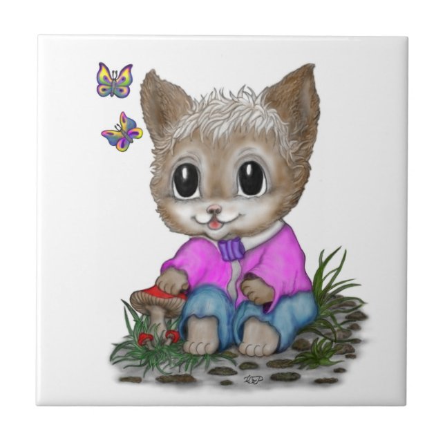 Azulejo De Cerâmica Gato de Gato e Borboleta (Frente)