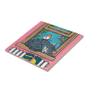 Azulejo De Cerâmica Gato de gato malhado do sono com a borboleta no