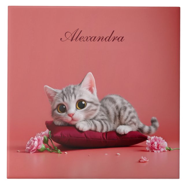 Azulejo De Cerâmica Gato de janeiro bonito com cravos (Frente)