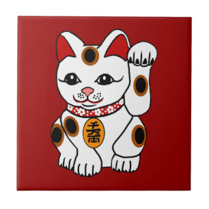 Azulejo De Cerâmica Gato de Maneki Neko no fundo vermelho