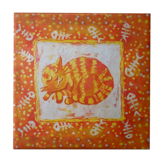 Azulejo De Cerâmica Gato de marmalade e ossos de peixe (Frente)