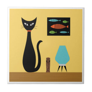 Azulejo De Cerâmica Gato de meio século com Peixe Retroativo em Amarel
