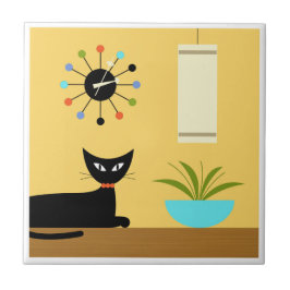 Azulejo De Cerâmica Gato de meio século com Relógio de Bola em Amarelo