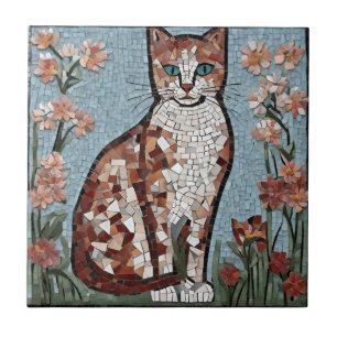 Azulejo De Cerâmica Gato de mosaico com madeira no Jardim da Flor