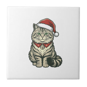 Azulejo De Cerâmica Gato de Natal Chapéu do Papai Noel Design de Gravu