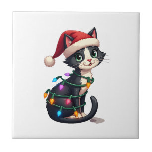 Azulejo De Cerâmica Gato de Natal Esmoquin gato preto natal luzes gati