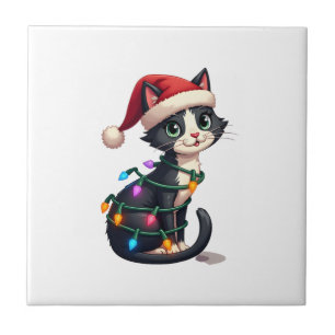 Azulejo De Cerâmica Gato de Natal Smoking gato preto natal luzes gatin