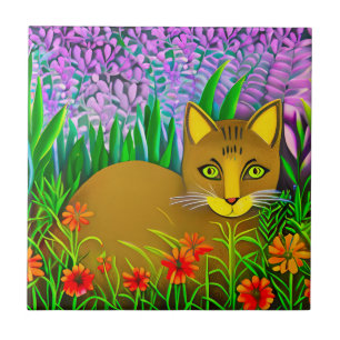 Azulejo De Cerâmica Gato de Olho Verde em um Jardim Flor