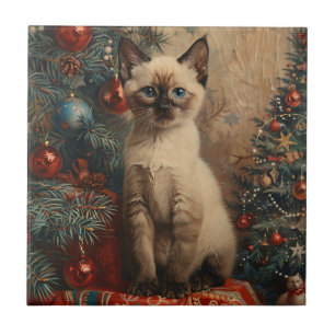 Azulejo De Cerâmica Gato de Vintagem de Natal de Kitten Siamese