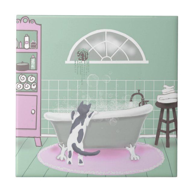 Azulejo De Cerâmica Gato e Bubble Bath Pink Sage Art (Frente)
