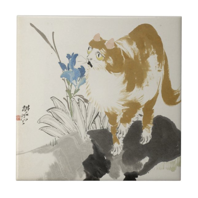 Azulejo De Cerâmica Gato e Flor Chinês | (Frente)