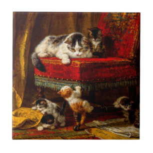 Azulejo De Cerâmica Gato e Gatinhos Brincando com Cadeira