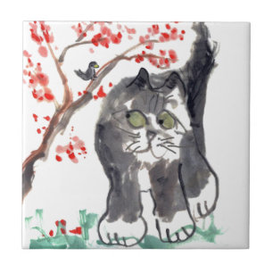 Azulejo De Cerâmica Gato e pássaro da flor de cerejeira